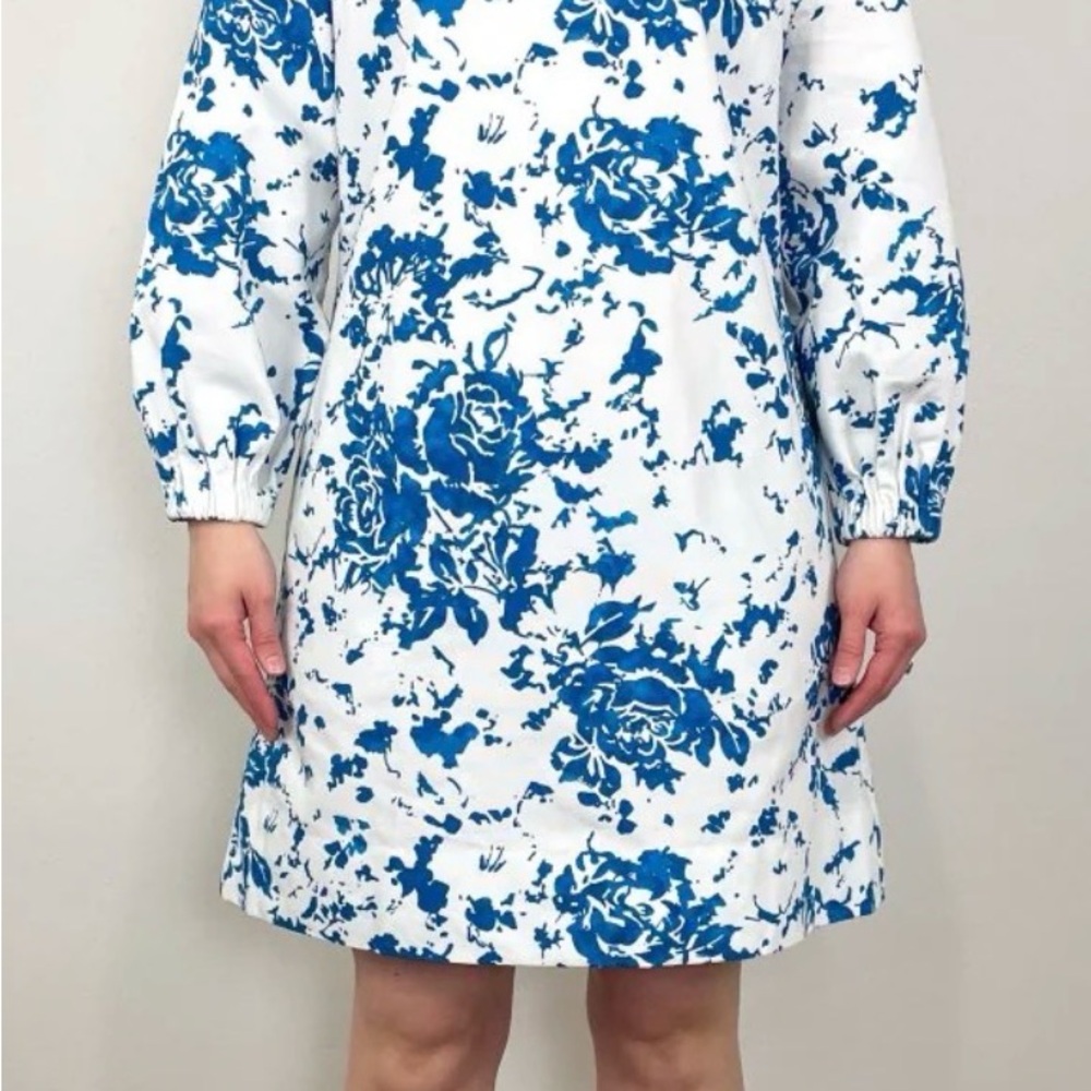 ANN MASHBURN Francine Blue and White Floral Faille Mini Dress